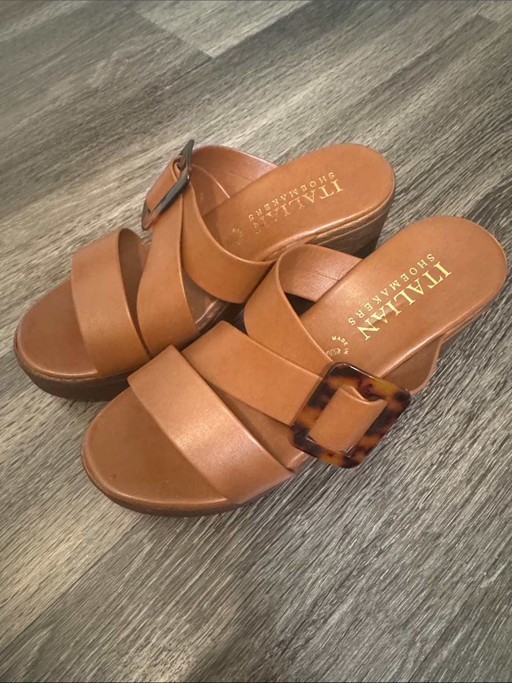 Italian Shoemakers Cognac Leather Slide Wedge Sandals with Tortoiseshell Buckle